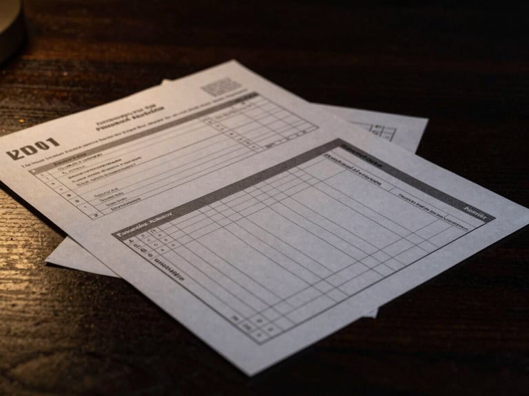 Dark editorial photography of structured financial notes and qualitative checklists on a dark wooden desk, low-key dramatic lighting, subtle gold accents, 35mm