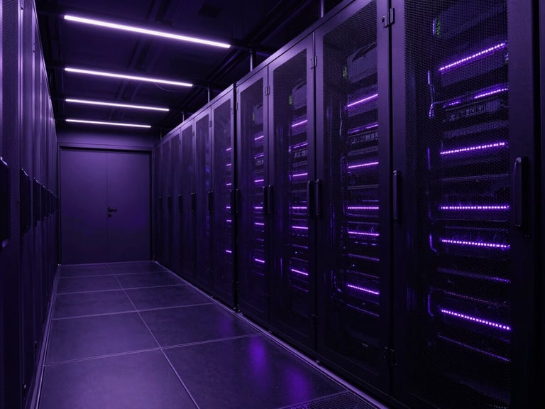 Wide-angle dramatic architectural shot of a modern data center corridor, cool low-key ambient lighting with sharp violet and deep purple LED highlights reflecting on dark obsidian floor panels, high contrast, 35mm lens.