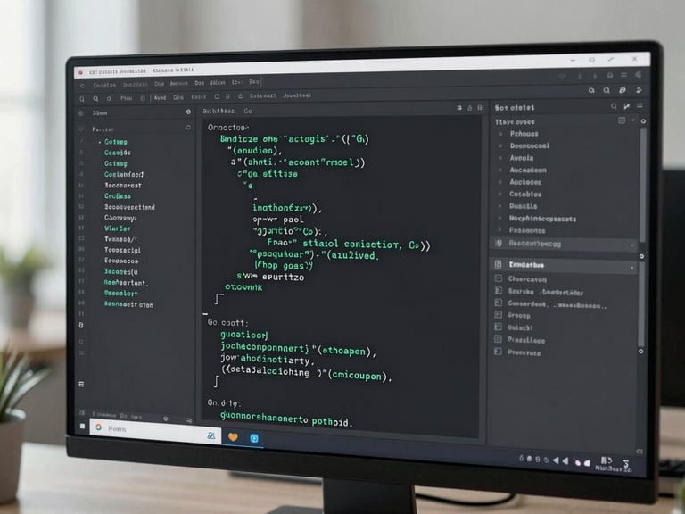 Clean code editor displaying structured Go syntax on a high-resolution screen, dark mode, crisp mint-green syntax highlighting, 35mm editorial photography