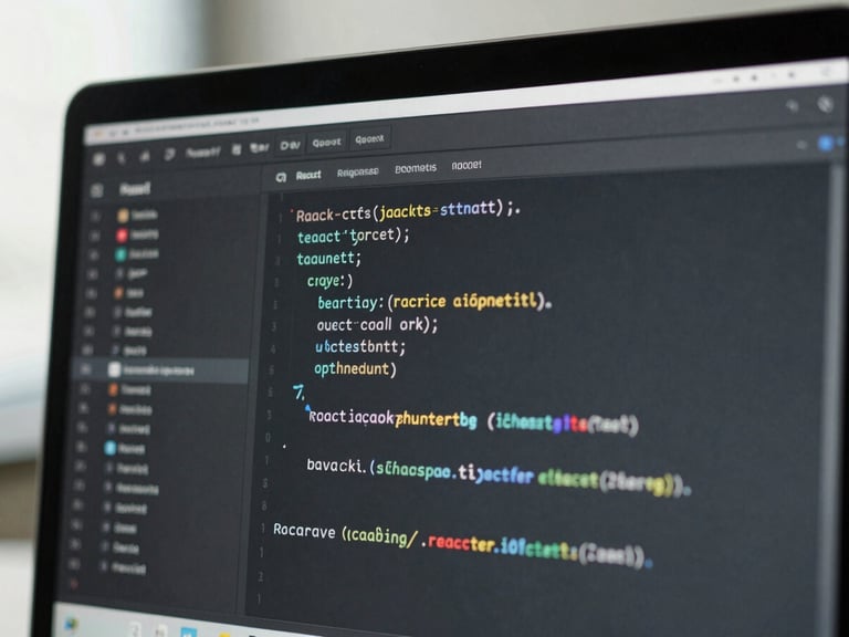 Tight macro shot of a clean code editor showing actual React syntax on a high-resolution screen, cool natural office light, desaturated slate and mint tones