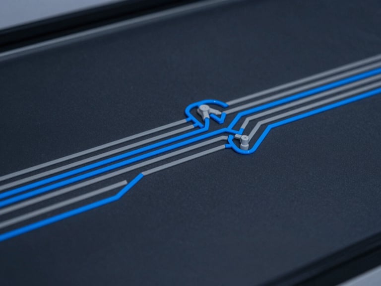 Clean technical schematic diagram of a fiber network layout with dual-path failover, slate gray and electric blue lines on a dark background, crisp focus