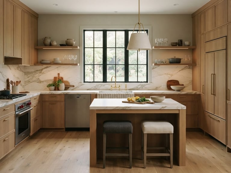 Straight-on architectural elevation of a luxury kitchen with warm oak joinery, mitred marble countertops, and soft natural window light, 35mm