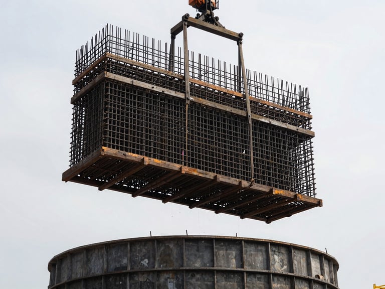 Massive steel rebar cage being lowered into a deep cylindrical shaft, heavy machinery, high-contrast overcast daylight