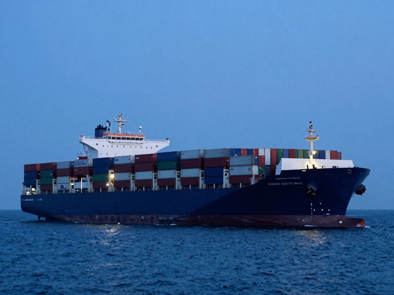 Wide-angle cinematic shot of a massive container ship in deep blue water at twilight, cool blue-hour lighting, premium logistics photography, 35mm