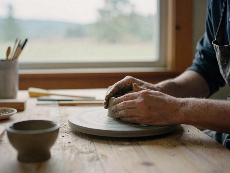 Candid documentary shot of hands working with clay on a wooden table, soft overcast Pacific Northwest daylight filtering through a window, warm earthy tones, 35mm film texture.