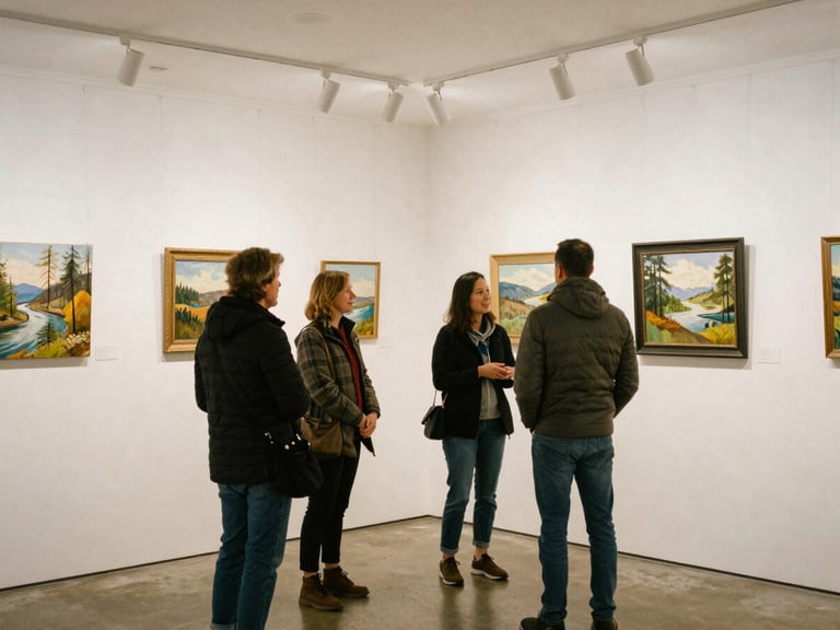 A bright, warm community center gallery filled with local landscape paintings, visitors talking quietly, soft natural lighting, 35mm film texture.