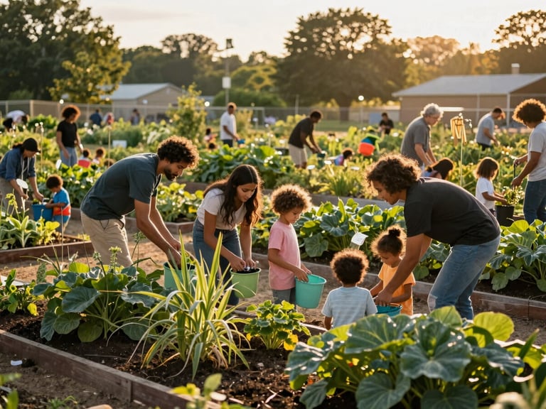Community members tending a vibrant urban garden, children playing, golden hour, College Park.