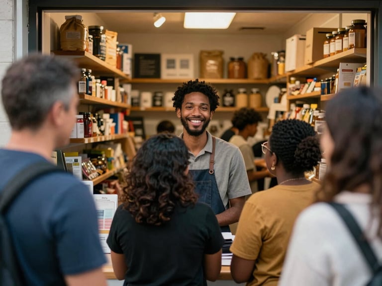 Small business owner smiling in their shop, diverse customers, warm light, College Park.