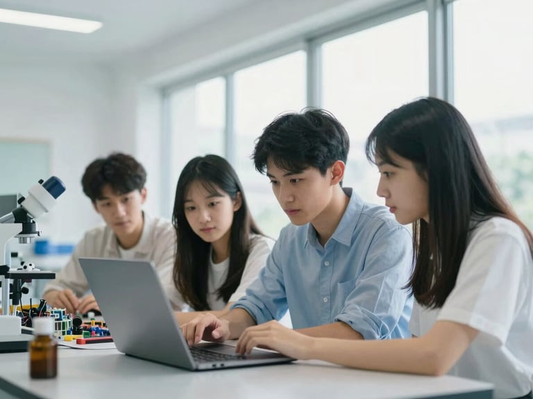 Students collaborating over a laptop in a bright, modern lab, focusing on a complex engineering problem, natural window light.