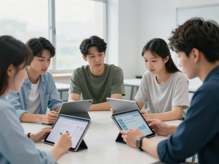 Students engaged in a lively discussion in a modern classroom, digital tablets open with research materials, soft studio lighting.