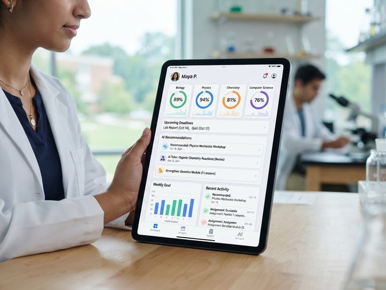 Clean tablet interface displaying a student dashboard with progress tracking and AI recommendations, in a modern, bright lab setting, natural window light, soft cool tones.