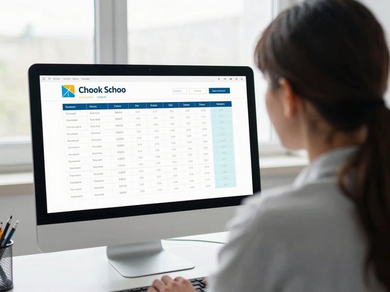 Over-the-shoulder shot of an administrator reviewing school-wide analytics on a desktop monitor, clean office space.
