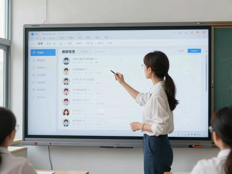 Teacher interacting with a large interactive screen displaying class management tools and student performance data, modern classroom.