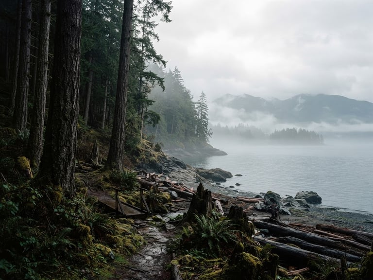 Moody PNW documentary photography of giant ancient Douglas firs rising above a misty Puget Sound shoreline, overcast diffused daylight, deep moss greens, 35mm film