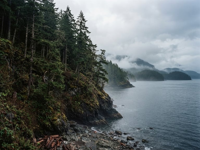 Wide environmental shot of mature Douglas firs clinging to a misty Washington shoreline cliff, soft overcast daylight, cold-water Sound in the background, 35mm film.