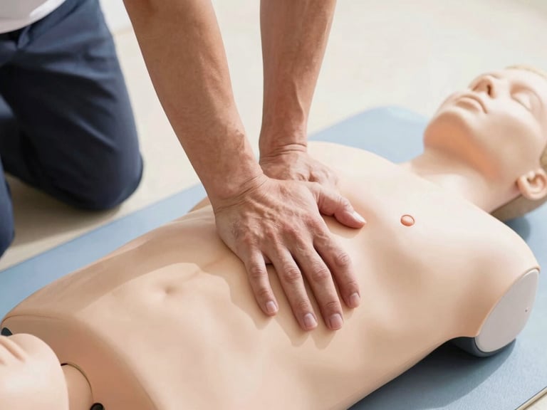 Close-up of hands practicing chest compressions on a CPR training manikin, bright natural daylight, authentic editorial style