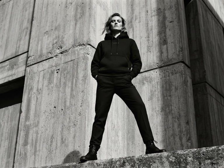 Low-angle heroic shot of a model in a structured black heavyweight hoodie standing against a raw concrete architectural wall, high-contrast dramatic lighting, desaturated monochromatic tones.