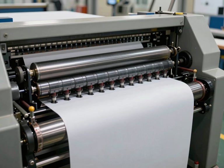 Industrial flexographic printing press in action, running a wide web of paper packaging material at high speed, sharp focus on the ink rollers and precise registration marks, bright factory lighting.