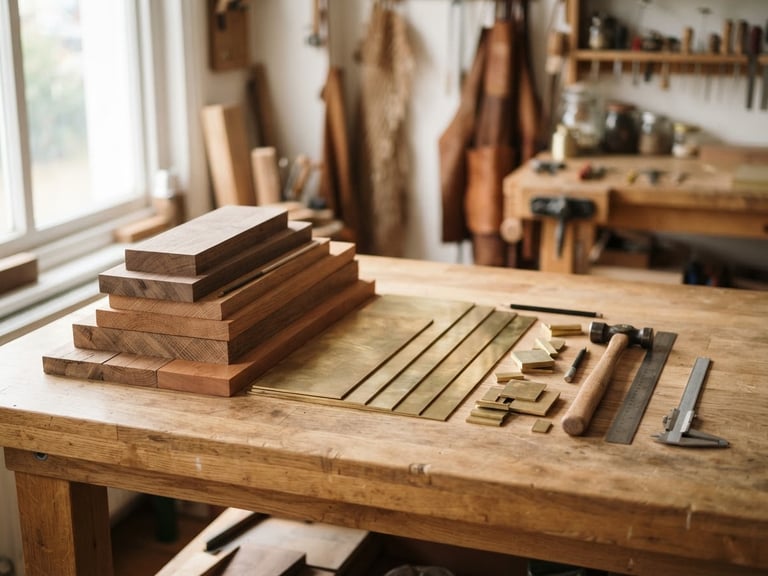 Bright editorial photograph of raw timber and brass sheets arranged neatly on a clean workshop table, natural daylight, shallow depth of field.