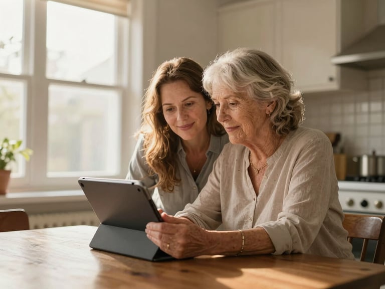 Wide environmental shot, afternoon window light, a senior woman in her 70s sitting at a kitchen table with a tablet, her adult daughter leaning in beside her, both looking at the screen together, warm domestic interior, soft golden daylight from the left, no posed smiles—just a genuine moment of shared attention