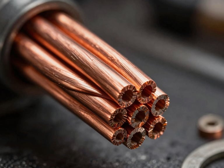 Macro shot of heavy-duty copper cable cross-section showing pure copper strands, dark industrial background, amber lighting, landscape aspect