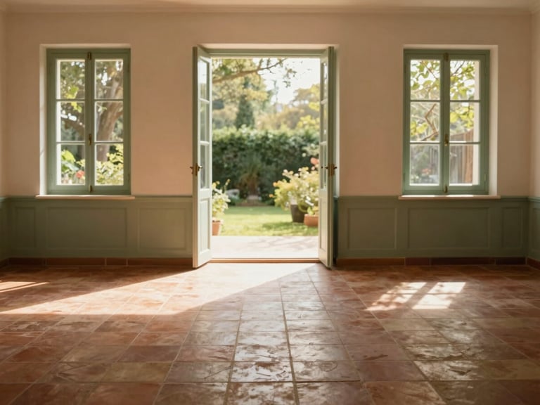Wide environmental shot of a sunlit common room with terracotta tiled floors and sage green accents, large glass doors opening to a garden, warm golden light