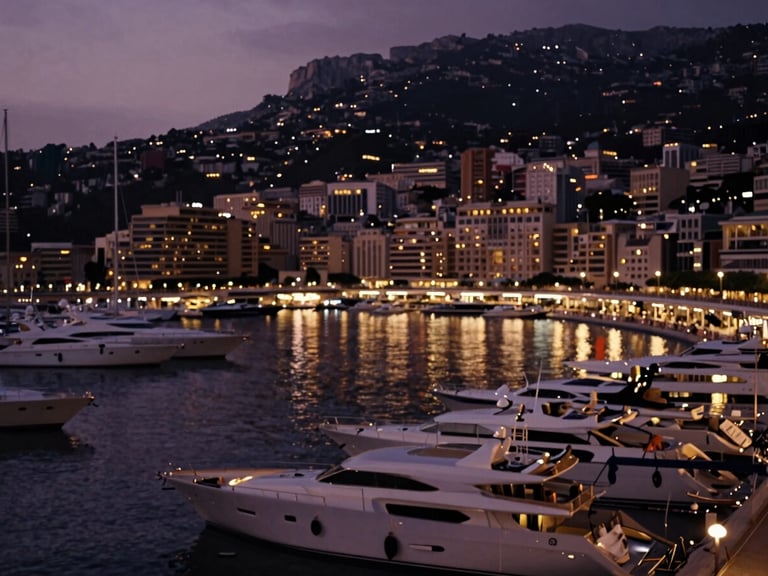 Cinematic, low-key twilight photograph of the Monaco harbor and racetrack paddock at dusk, soft golden lights reflecting on the dark water, elegant yachts and architectural silhouettes in the background, shallow depth of field, 35mm.