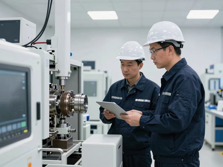 Engineers inspecting industrial machinery in a modern clean manufacturing plant, overcast daylight, sharp focus, clinical editorial photography, 35mm.