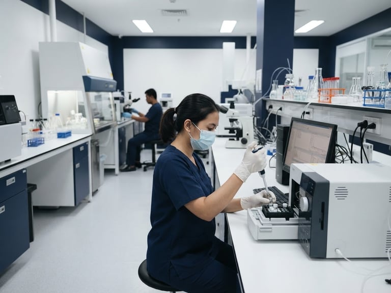 Clinical editorial photography of a modern high-tech laboratory facility in Jakarta, sterile white and deep navy tones, sharp focus, 35mm