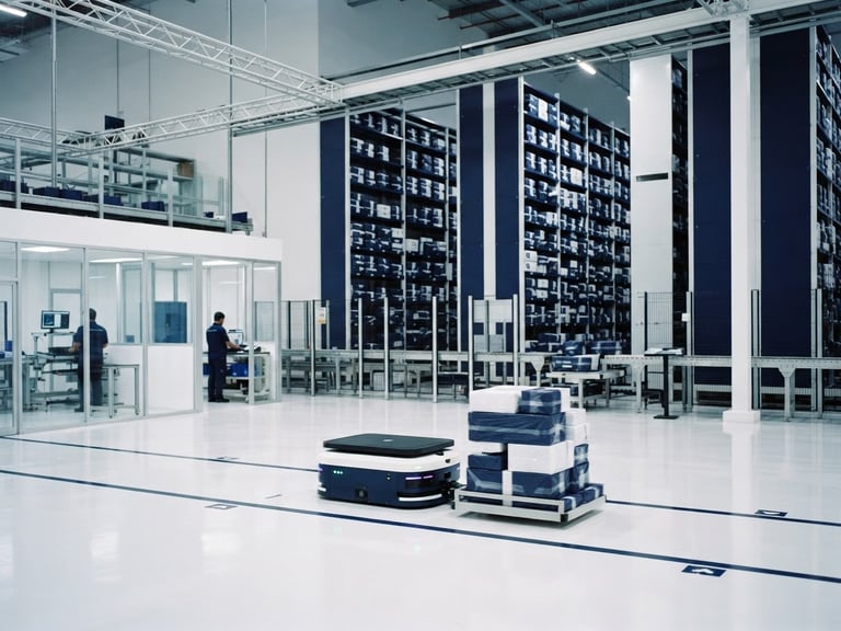 Clinical editorial photography of a modern high-tech logistics facility in Jakarta, sterile environment, deep navy and clean white tones, sharp focus, 35mm