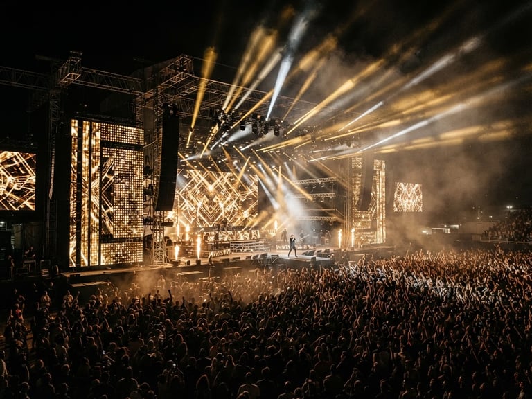 Dramatic wide-angle shot of a massive concert stage at night, glowing golden LED walls, heavy rigging, beams of light cutting through haze over a dense crowd.