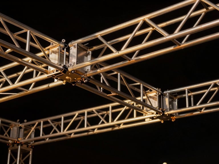 Close-up of professional heavy-duty aluminum trussing and rigging systems, warm gold stage lights reflecting off the metal, deep black background