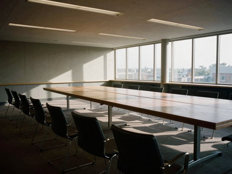 A wide, cinematic environmental shot of an empty, structured meeting space, architectural details, natural light casting long shadows