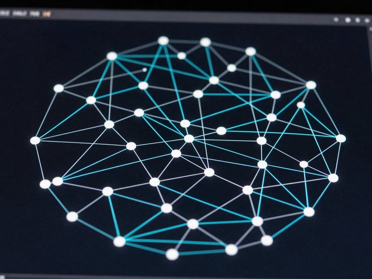 Close-up macro of a network topology diagram rendered on a dark monitor screen, intricate node connections and routing paths visible, cyan highlight lines tracing critical paths, high-contrast studio lighting, no human subjects