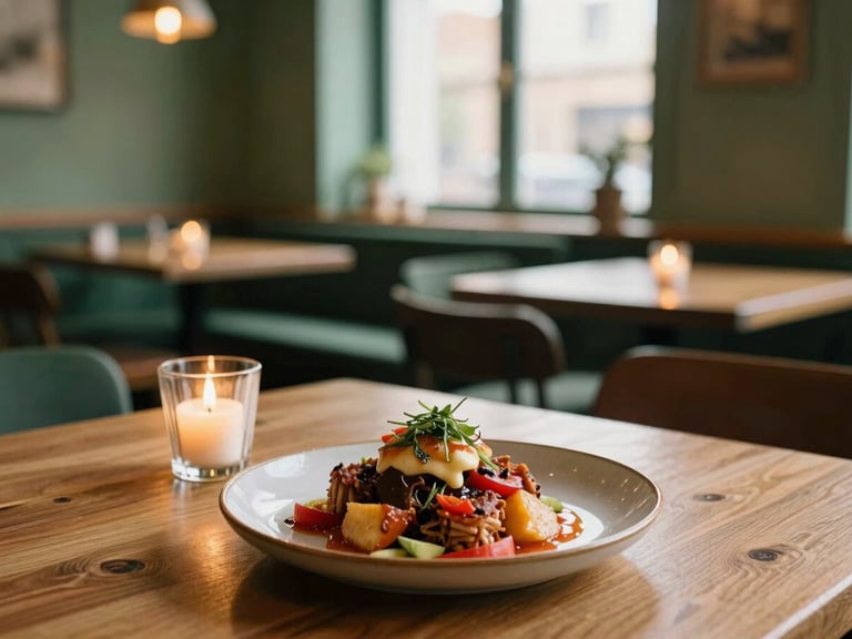Warm environmental shot of a cozy Scandinavian-style bistro, wooden tables, candlelight, soft golden hour glow, focus on a beautifully plated rustic dish in the foreground