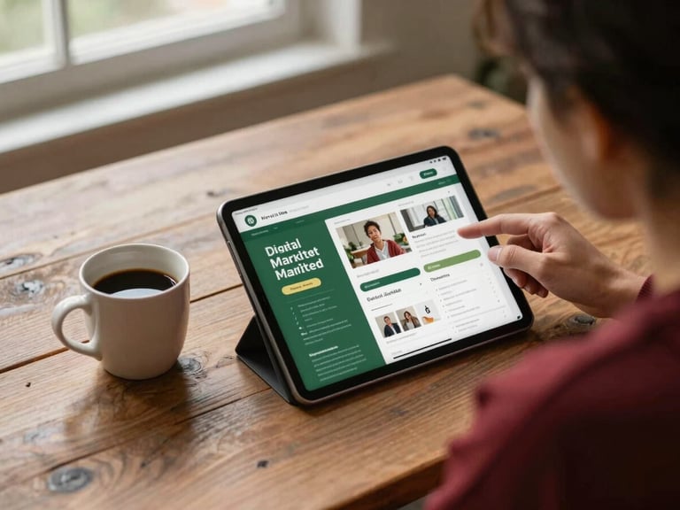 Over-the-shoulder shot of a digital marketer planning a social media feed on a tablet, a warm coffee cup nearby on a rustic wooden table, soft natural light