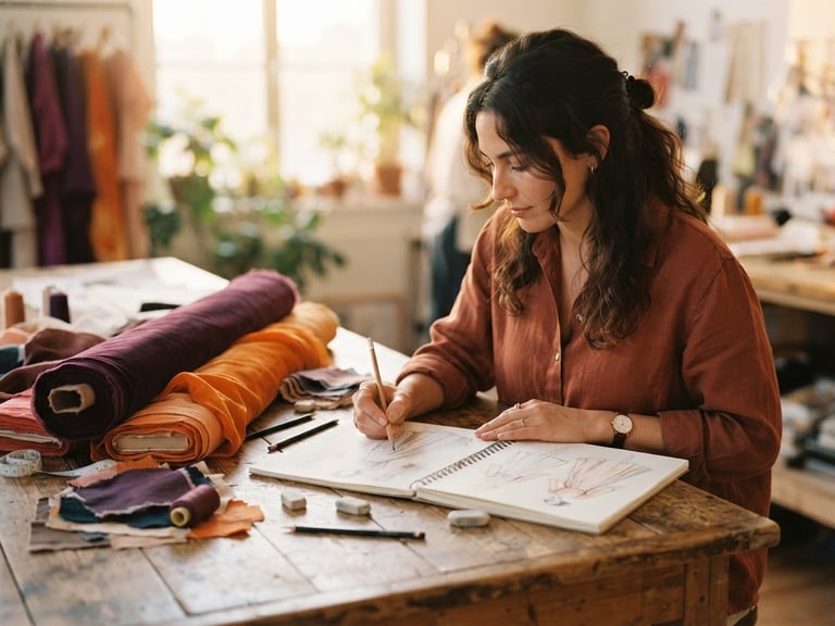 Warm editorial photo of a designer sketching on a wooden table, fabric rolls of deep purple and orange nearby, soft golden-hour window light, shallow depth of field, 35mm