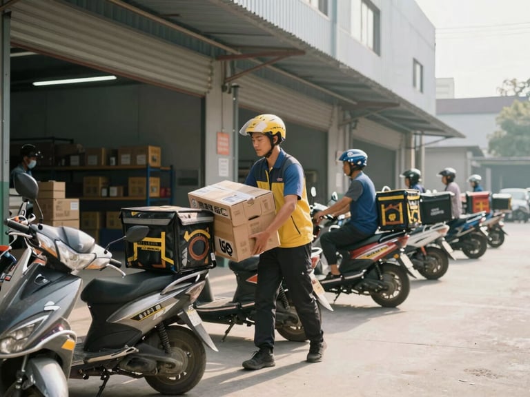 A medium shot of delivery drivers loading boxes onto motorbikes outside a distribution center, bright natural morning light, structured layout.