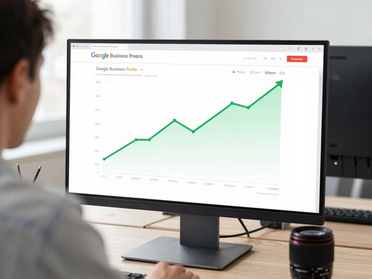 Over-the-shoulder view of a digital marketer analyzing a Google Business Profile dashboard on a large monitor, showing green upward trend lines, clean modern office setup, crisp corporate photography, 35mm lens