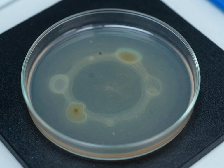 High-resolution laboratory assay showing distinct zones of inhibition in a petri dish culture, sharp focus, cool-toned laboratory lighting, sterile black and cyan accents