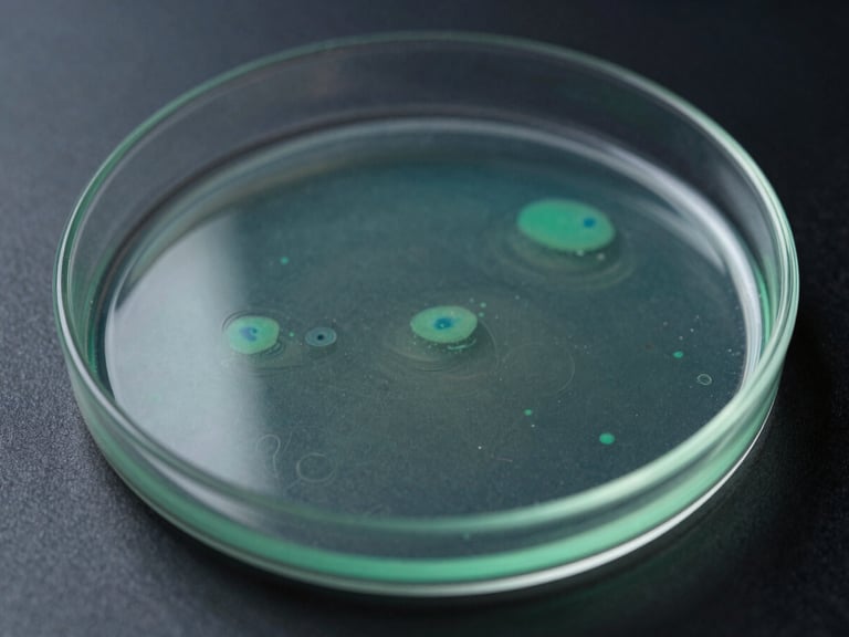 Macro scientific photography of a petri dish culture showing active zones of inhibition, cool laboratory lighting, deep charcoal and bio-luminescent green tones, sharp focus.