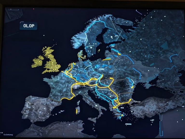 Schematic digital map of Europe on a dark screen, glowing blue and yellow neon lines representing active transport corridors, minimalist dashboard style.