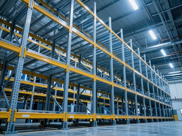 Dynamic low-angle shot of clean-lined automated high-bay racking system with cool blue and yellow lighting, emphasizing industrial scale