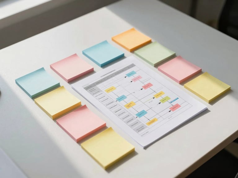 Close overhead shot of a structured planning document on a white desk, organized rows of color-coded sticky notes and a printed workflow chart, clean studio daylight from upper left