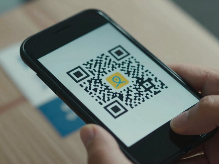 Macro shot of a physical aid package being scanned with a mobile device in natural high-contrast daylight, showing a clear QR code and GPS coordinate overlay, cool-toned cinematic grade.