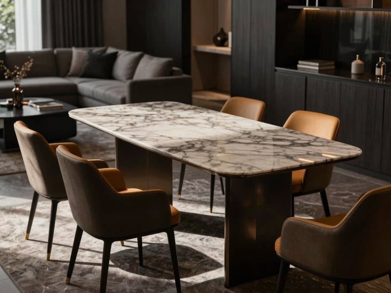A luxury modern living room featuring a perfectly placed marble dining table and designer chairs, warm natural light casting soft shadows.