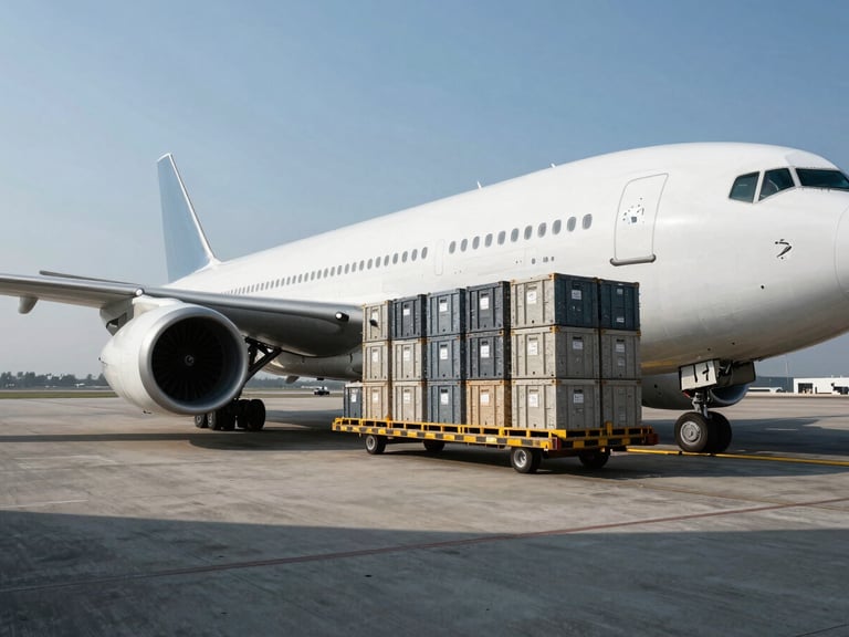 Wide shot of a large-scale cargo plane on a tarmac being loaded with heavy industrial crates, high-contrast cool-toned daylight, stark shadows, operational precision.
