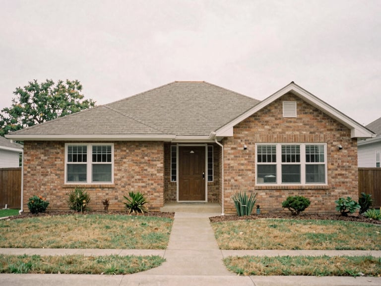 A straight-on architectural shot of a neat, lived-in mid-century brick home front yard, soft overcast daylight, muted earth tones, 35mm film look.