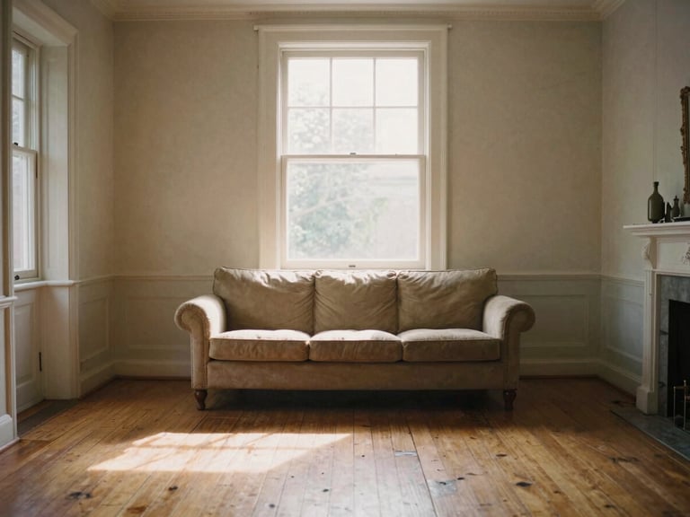 A warm, sunlit living room of an older home with character, wooden floors, soft morning light streaming through a clean window, un-staged and peaceful, 35mm film look.