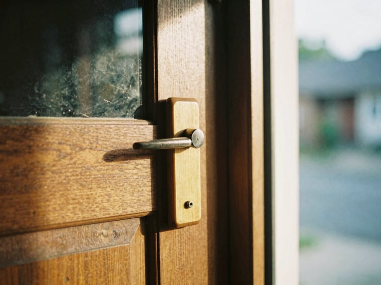 A wooden key holder hanging near a warm, sunlit wooden entryway door, soft morning sun, cozy neighborhood feel, 35mm film look.
